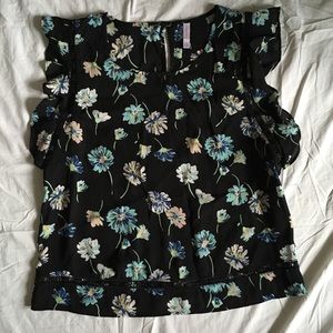 Black floral blouse, ruffle sleeveless
